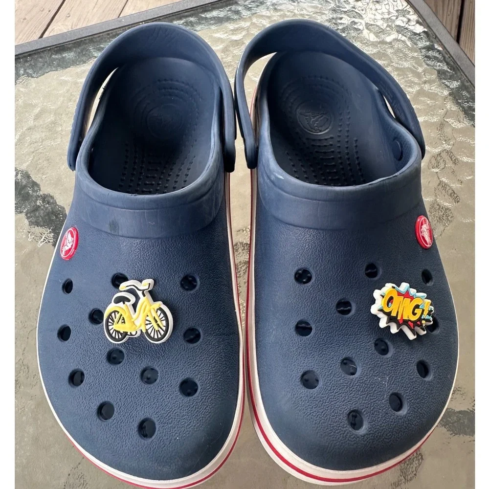 Crocs Crocband Navy‎ Blue Red White Clog Mens 5 Womens 7 Jibbitz